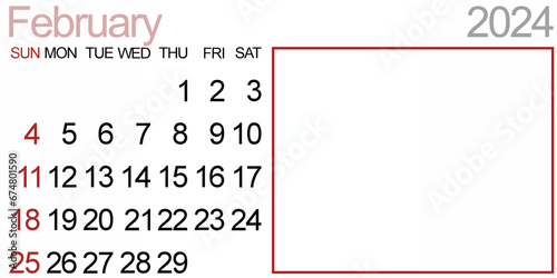 February 2024: Clean and Simple Calendar Design with blank background. Leap-year.