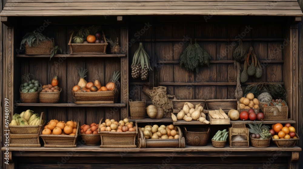 Obraz premium Antique gungy carved and inset wooden box setting on shelf of outdoor market