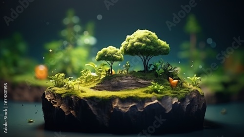 3d illustration of mini farm isolated. Plants isolated on soil island. micro world concept. photo
