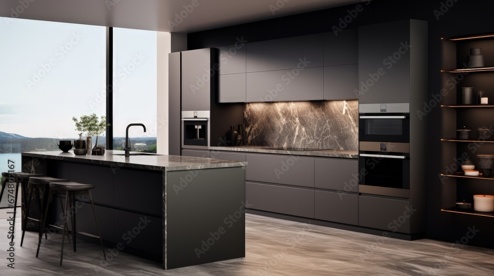 Obraz na płótnie Front view of a modern designer kitchen with smooth handleless cabinets with black edges, black glass appliances, a marble island and marble countertops w salonie