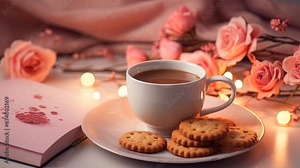 A cup of tea with delicious cookies with postcard I love you. Celebrating Valentine's Day at home. Concept of Valentine's Day
