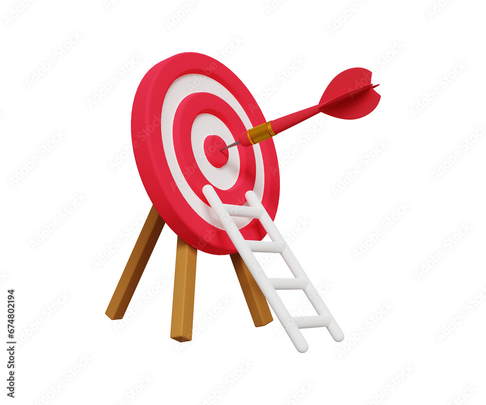3D ladder to reach goal. Challenge, find success, business objective. Achieving goals concept. Dartboard with dart and ladder. 3d illustration 3D ladder to reach goal. Challenge, find success, business objective. Achieving goals concept. Dartboard with dart and ladder. 3d illustration
