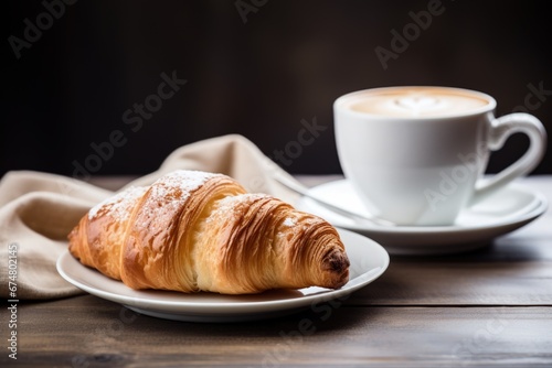 Cup of coffee with croissant on the table, bokeh background, coffee break concept. Generative AI