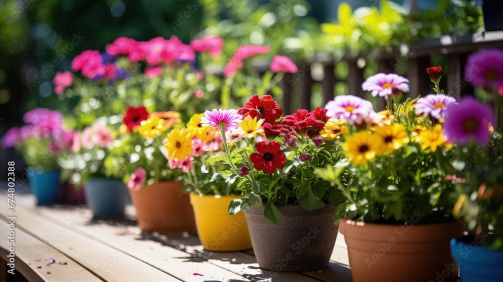 Summer flowers in pots on the balcony garden, selective focus. Container plants greening the patio terrace. Summer flowers in pots on the balcony garden, selective focus. Container plants greening the patio terrace.