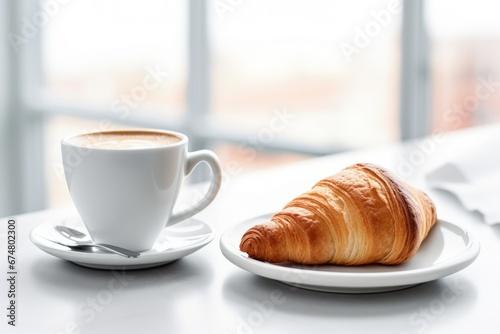 Cup of coffee with croissant on the table  bokeh background  coffee break concept. Generative AI