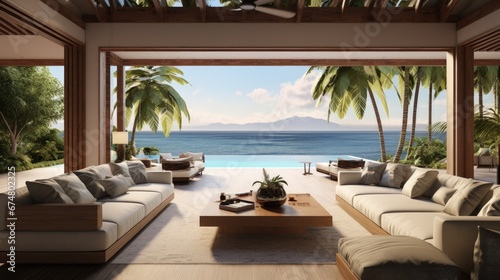 Tropical luxury villa interior  living room with sea view veranda