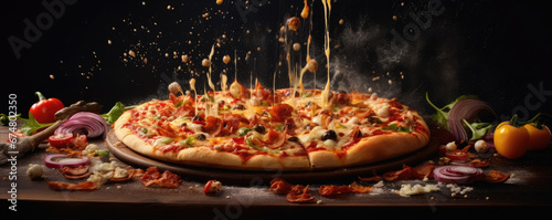 Hot pizza with melted cheese, fire and flying vegetables. generative ai