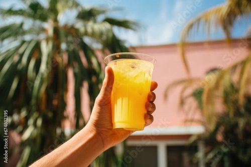 Hand holding a glass with juice, bokeh background with palm trees. Generative AI