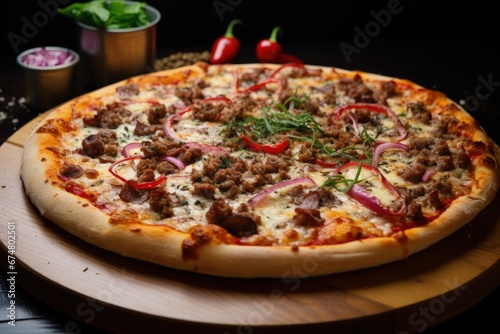 Illustration of delicious pizza on wooden table, dark background. Generative AI