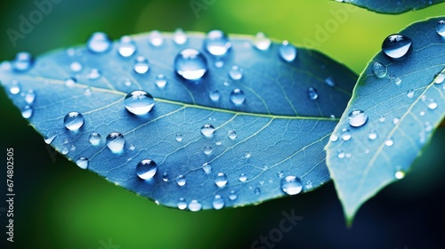 Water droplets on leaf in nature, macro. Many drops of morning dew sparkle in sunlight, toning in blue coror.