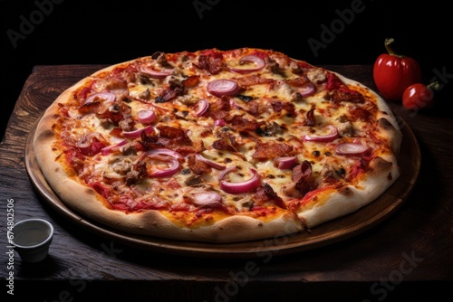Illustration of delicious pizza on wooden table, dark background. Generative AI