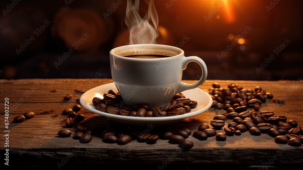 Turkish coffee concept, cup of coffee with coffee beans on wooden background Turkish coffee concept, cup of coffee with coffee beans on wooden background