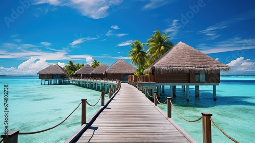 Tropical beach and water bungalows. Travel and tourism to luxury resorts in the Maldives islands. Summer holiday concept Maldives