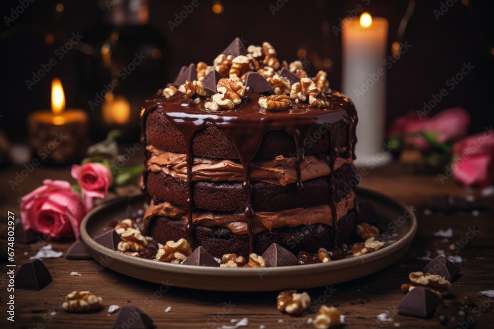 Naked cake decorated with nuts and chocolates, birthday party, wedding. Generative AI
