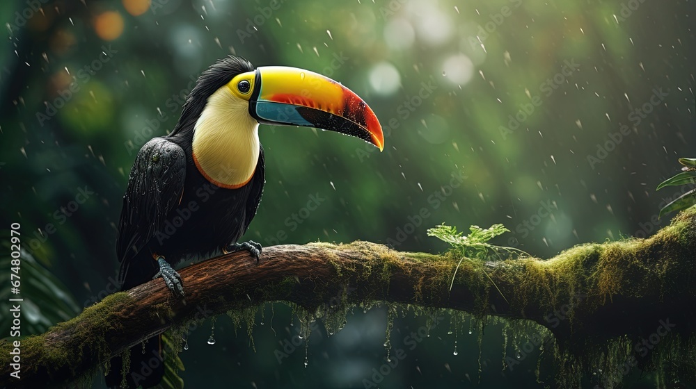 Bird with open bill, Chesnut-mandibled Toucan sitting on the branch in tropical rain with green jungle in background. Wildlife scene from nature.