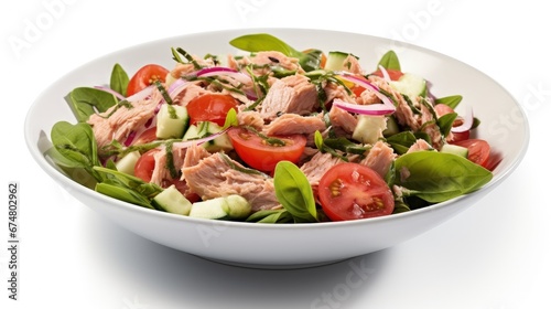 Falling tuna salad isolated on white background photo