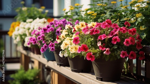 Summer flowers in pots on the balcony garden, selective focus. Container plants greening the patio terrace.