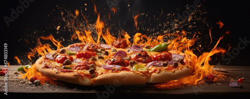 Hot pizza with melted cheese, fire and flying vegetables. generative ai