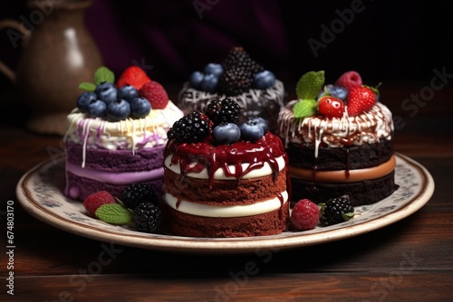 Wallpaper Mural Four mini cakes decorated with fruits and chocolates, black background. Generative AI Torontodigital.ca