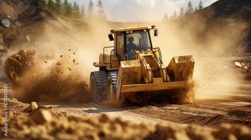 Crawler dozer working on construction site or quarry. Mining machinery moving clay  smoothing gravel surface for new road. Earthmoving  excavations  digging on soils