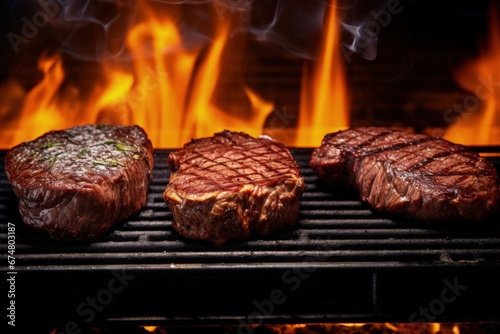 Beef steaks on the grill with flames. Generative AI