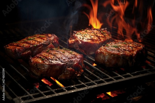 Beef steaks on the grill with flames. Generative AI