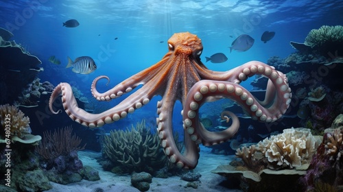 Magnificent octopus among the underwater picturesque landscape with marine life