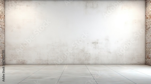 Abstract empty white interior with brick wall and concrete floor