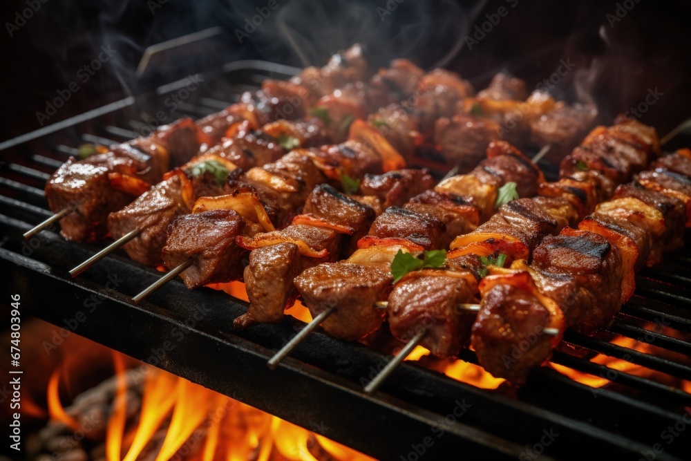 Beef skewers with onions and peppers being roasted on the barbecue. Generative AI
