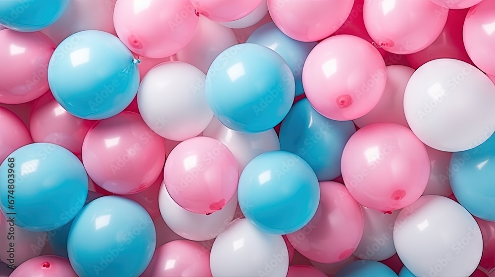 Pink and blue balloons background. Gender reveal party, boy or girl. Gender equality concept. Top view, flat lay.