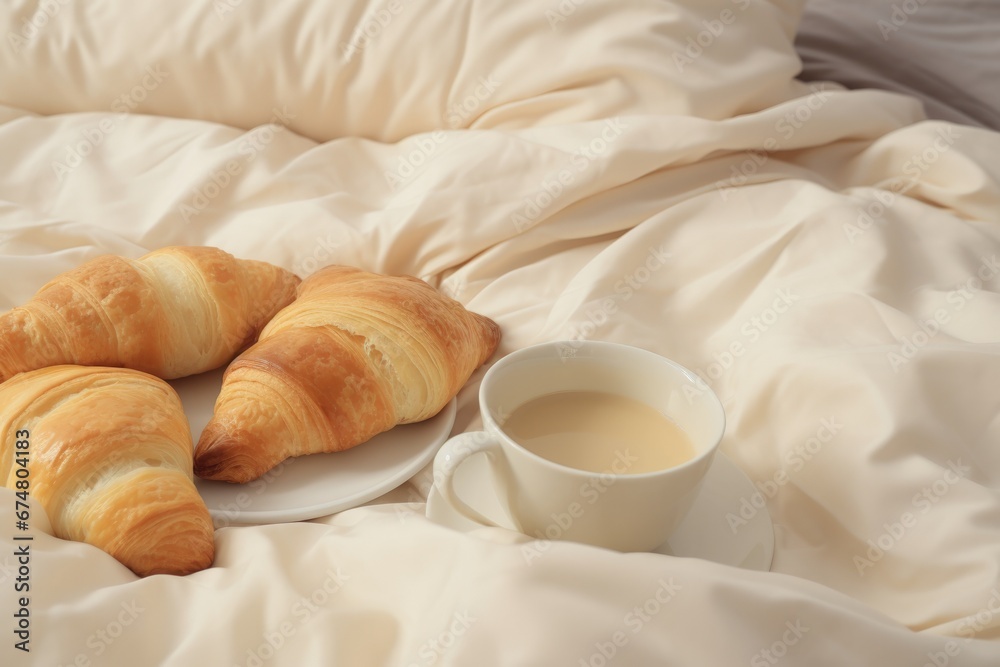 Breakfast with croissant and a cup of coffee in bed. Generative AI