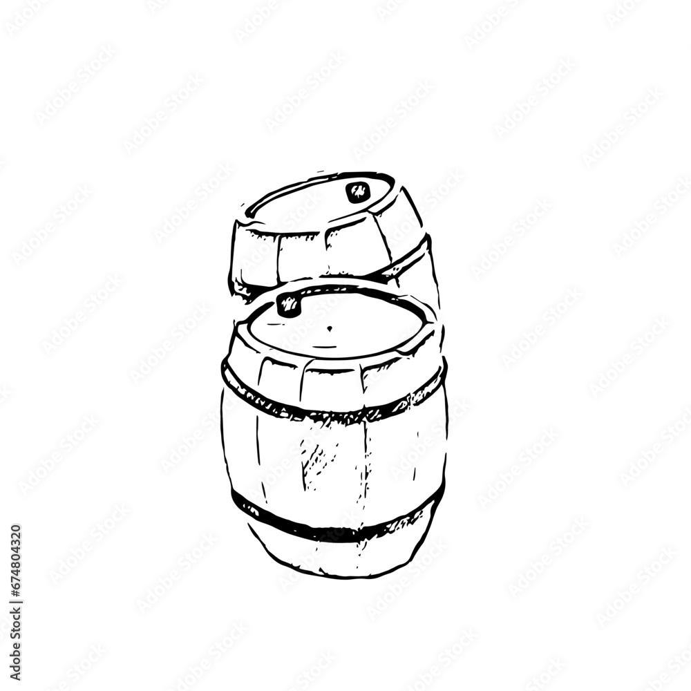 Hand drawn sketches of wine barrels with wine.
