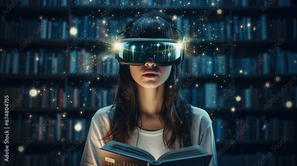 woman in virtual relity glasses reading book self education distance studying literature fan vr vision headset innovation metaverse - obrazy, fototapety, plakaty 