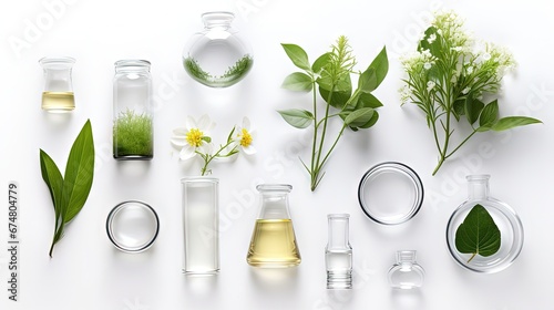 Organic cosmetic product, natural ingredient and laboratory glassware on white background, top view photo
