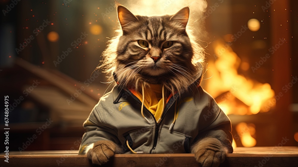 Domestic medium hair cat in yellow jackets hoodie wearing sunglasses sitting and relaxing on rustic table. Blurred background. campfire in forest, outdoor adventure cat