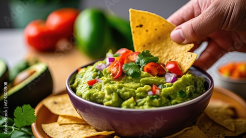 Close up of guacamole with nachos in someones hand photo