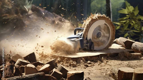 Stump grinder grinding down tree stump on a sunny day photo