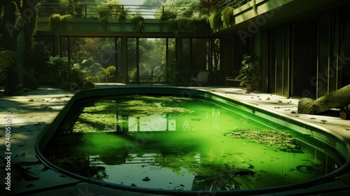 Green pool. The house pool has started to turn green and needs to be taken care of.The pool is not clean because it is not cleaned and maintained. photo