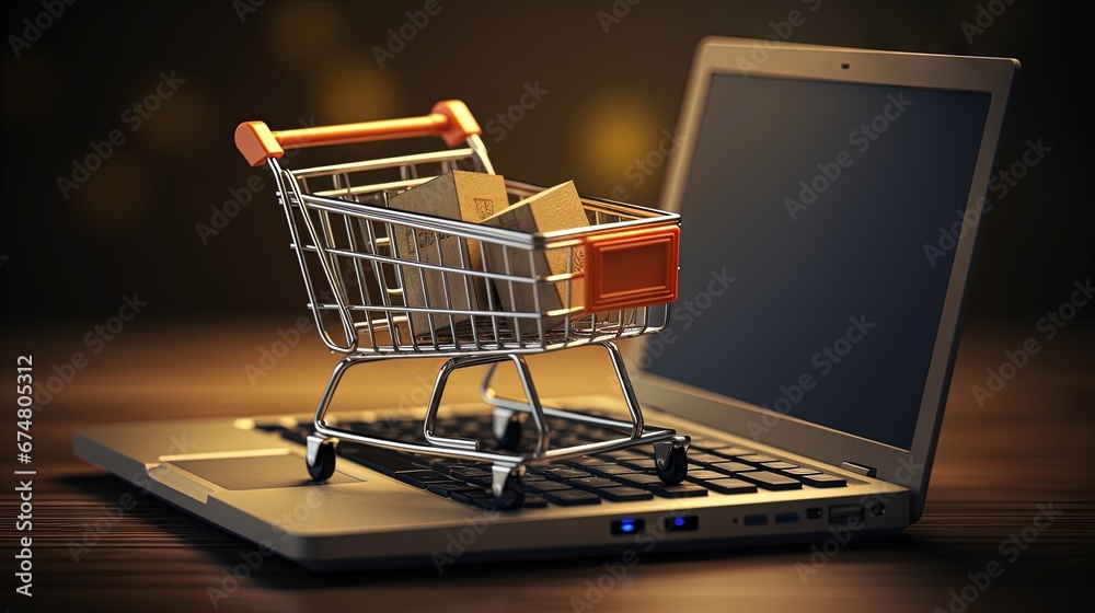 Shopping cart with Credit Cart and laptop computer with marketplace website. Online Shopping, technology, ecommerce, SEO, Search Engine Optimization, Advertising, keyword and online payment concept