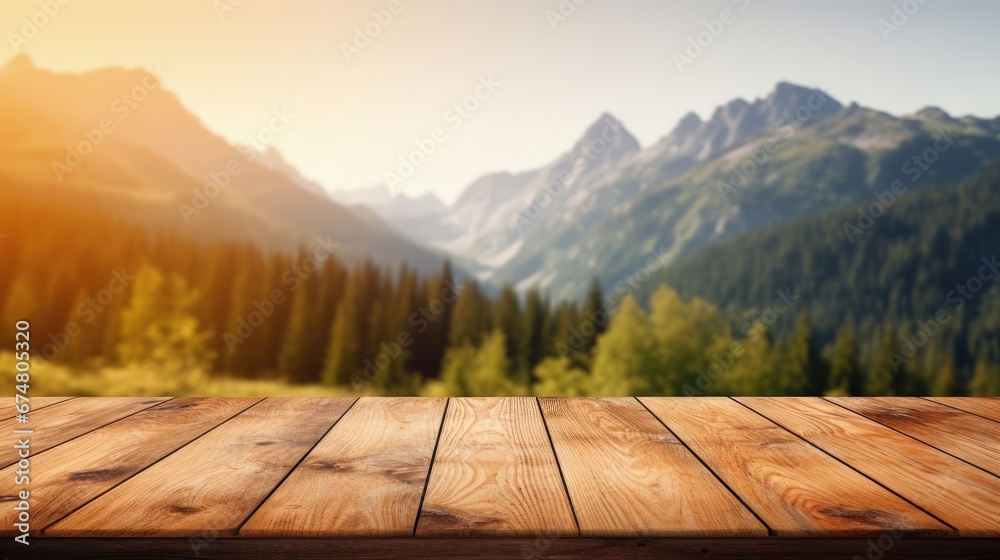 Wooden table background of free space for your decoration and blurred background of camping in mountains. - obrazy, fototapety, plakaty 