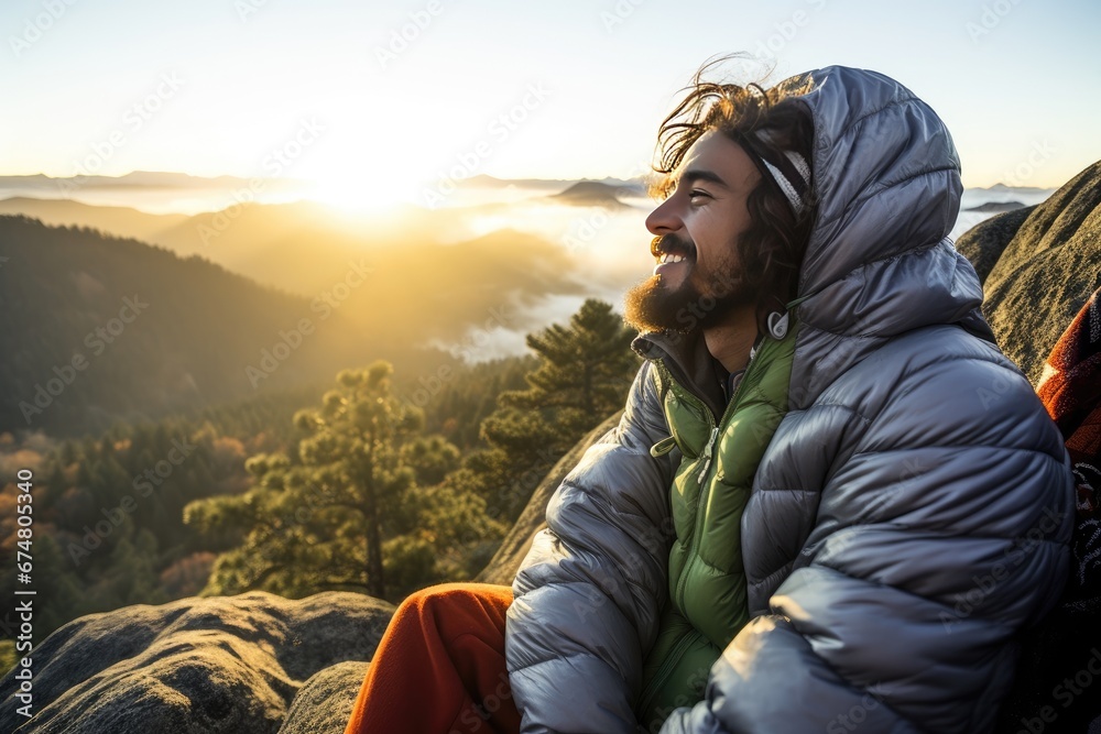 Middle aged man in the mountains. True life in nature.