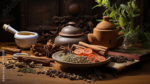 Traditional chinese medicine with herb and spices in brown wooden background and traditional kettle , for medicine advertising , photography traditional medicine content