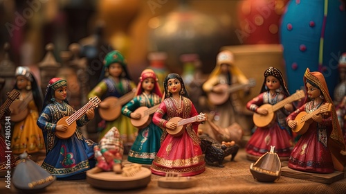 Beautiful handmade dolls of miniature folk musicians performing in a band of classical Indian music is displayed in a shop for sale in blurred background. Indian art and handicraft. photo