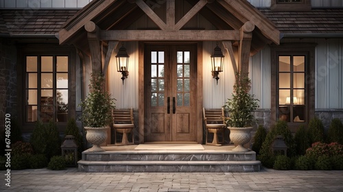 Front door and entrance to a luxury North American farmhouse-style villa
