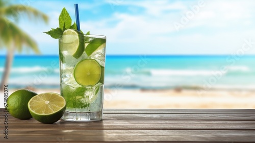 Mojito drink on wood with blur beach background