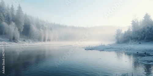 Generative AI, Winter aesthetic landscape panorama, muted neutral colors, forest and mountains..