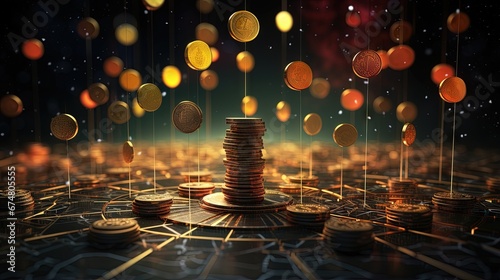 Many symbolic coins on a collaborative network. Conceptual 3D image for illustration of crowdfunding. photo