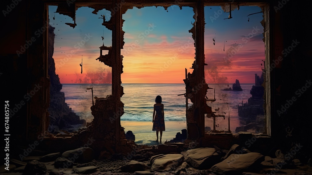 Silhouette of a girl in windowed openings of an old house ruins on the seashore
