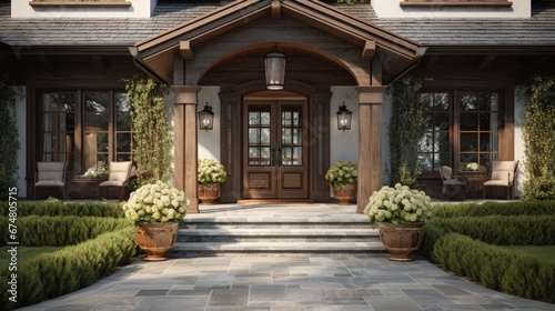 Front door and entrance to a luxury North American farmhouse-style villa
