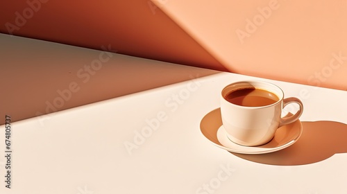 Cup of coffee on a beige table, empty white wall with natural sunlight shadows, aesthetic minimalist business branding background, copy space